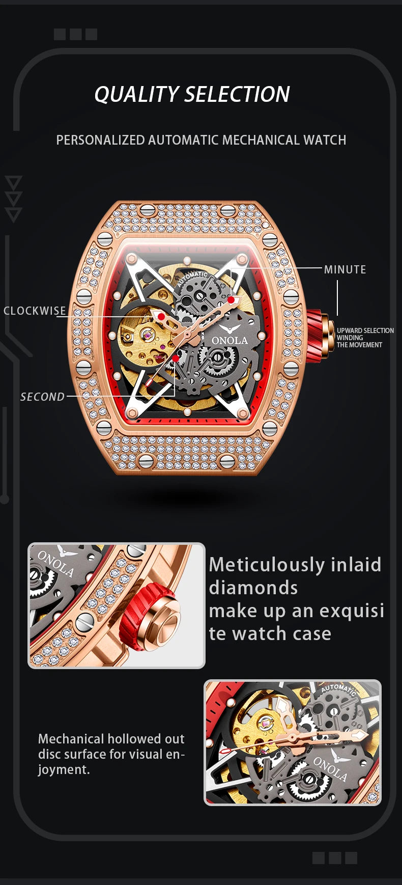 Stainless Steel Diamond Hollow Out Automatic Waterproof Men's Watch