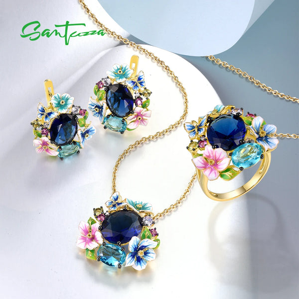 925 Sterling Silver Flower Enamel Jewelry Set for Woman