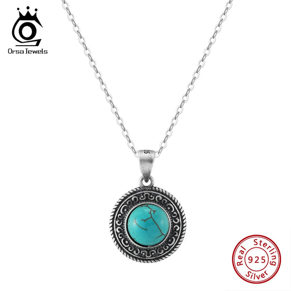 Silver Oxidized Turquoise Pendant Necklace with Zirconia for Women and Men