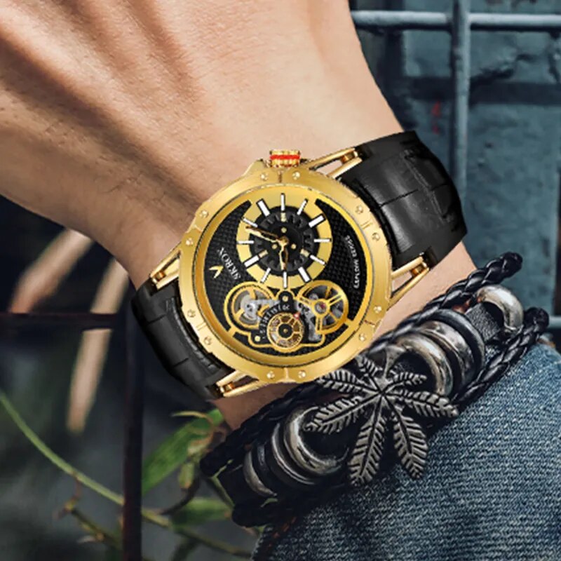 Stainless Steel Leather Double Movement Automatic Mechanical Watch for Men