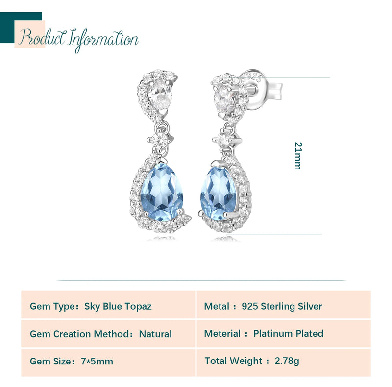 925 Sterling Silver Sky Blue Topaz Dangle Earrings for Women