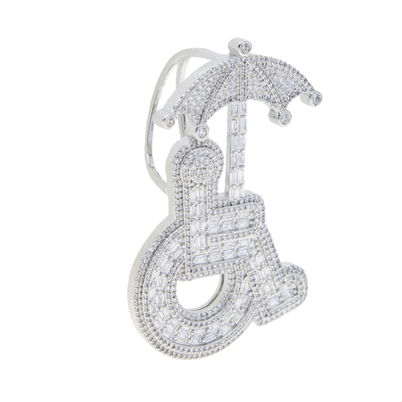 Sterling Silver Iced Out Wheelchair Handicap Sign Pendant with Cubic Zircon, Protective Umbrella Charm for Men & Women