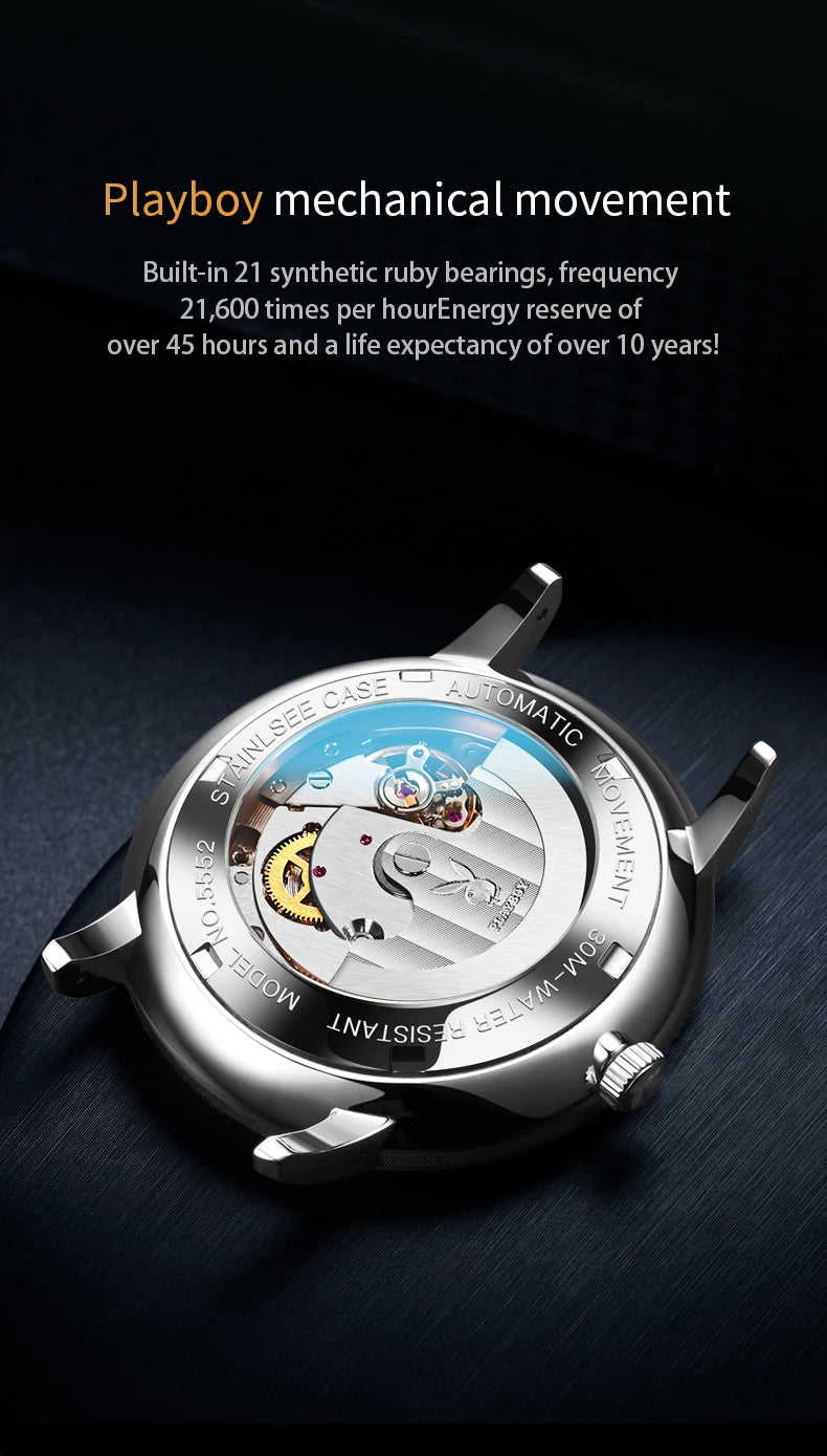 Stainless Steel Simple Automatic Mechanical Watch with Calendar for Men