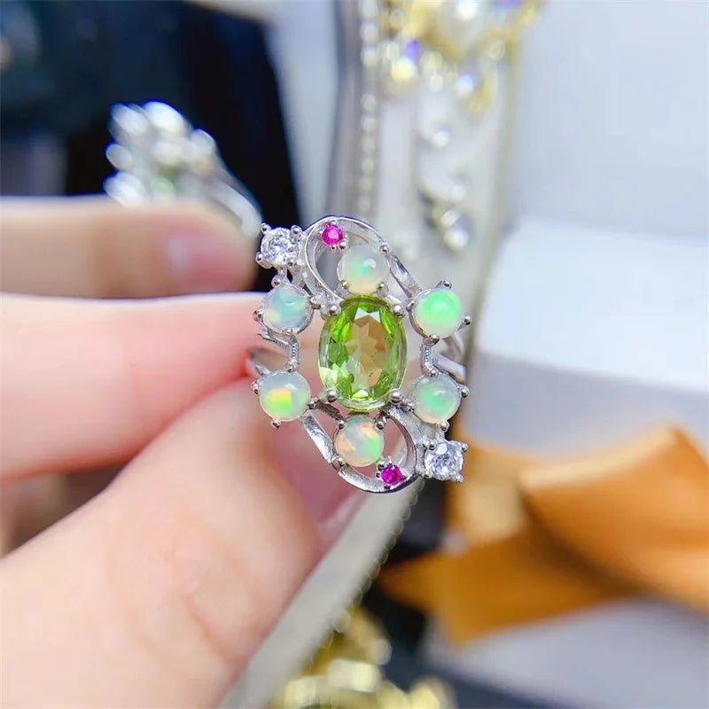 925 Sterling Silver Peridot Opal Ring, Korean Style, for Women