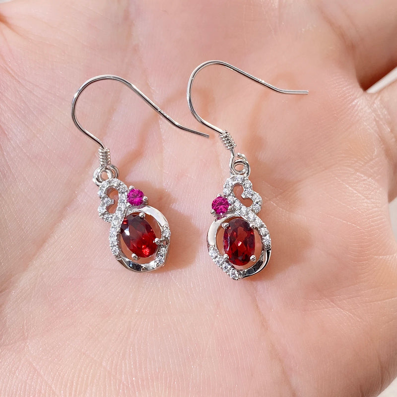 925 Sterling Silver Red Garnet Geometric Dangling Earrings for Women