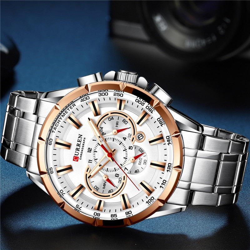 Stainless Steel Chronograph Waterproof Wristwatch for Men