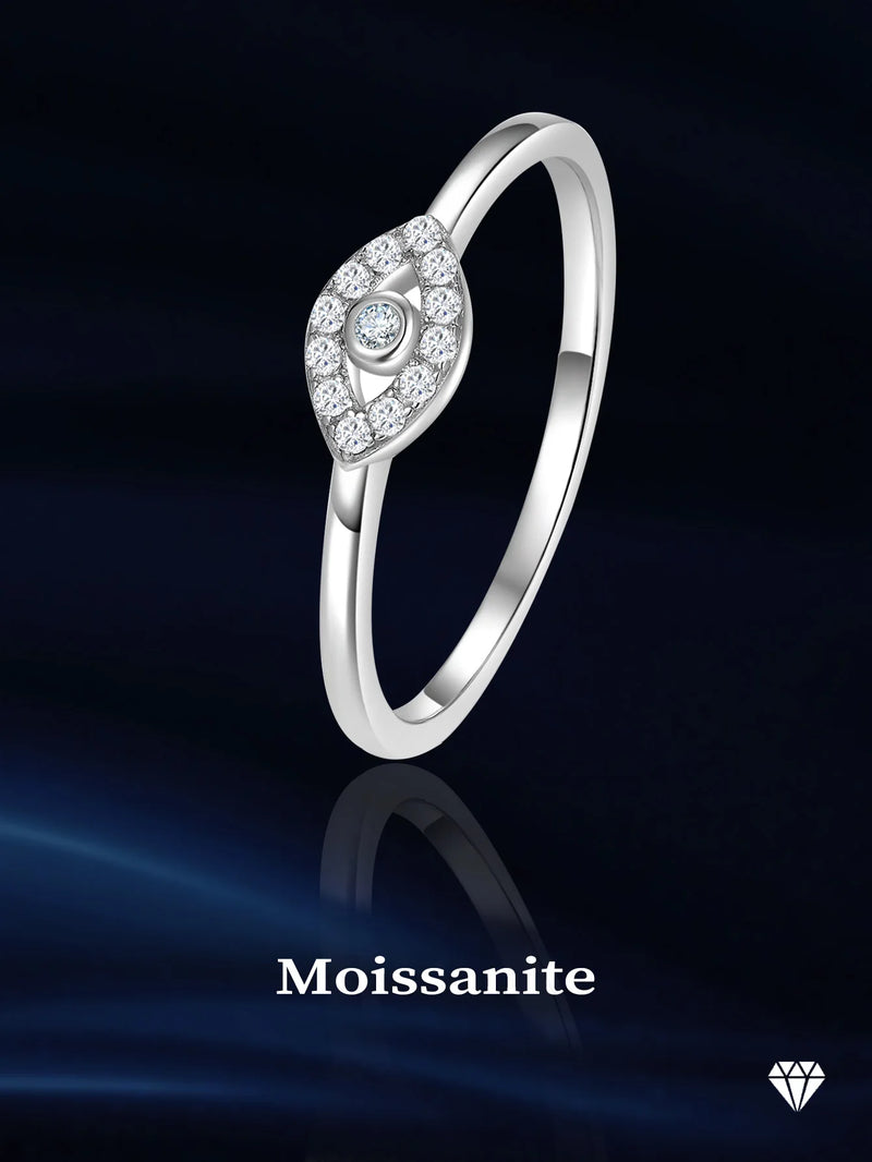 White Gold Plated Sterling Silver Moissanite Evil Eye Ring for Women