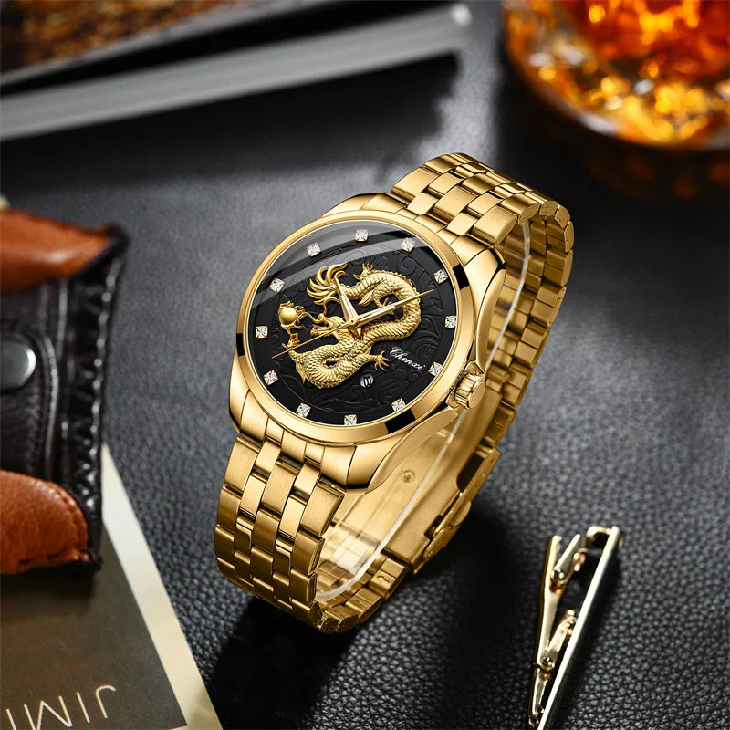 Stainless Steel Dragon Totem Embossed Wrist Watch for Men