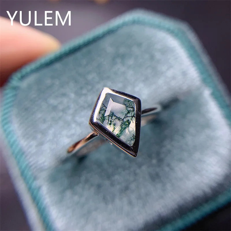 925 Sterling Silver Green Moss Agate Ring for Women