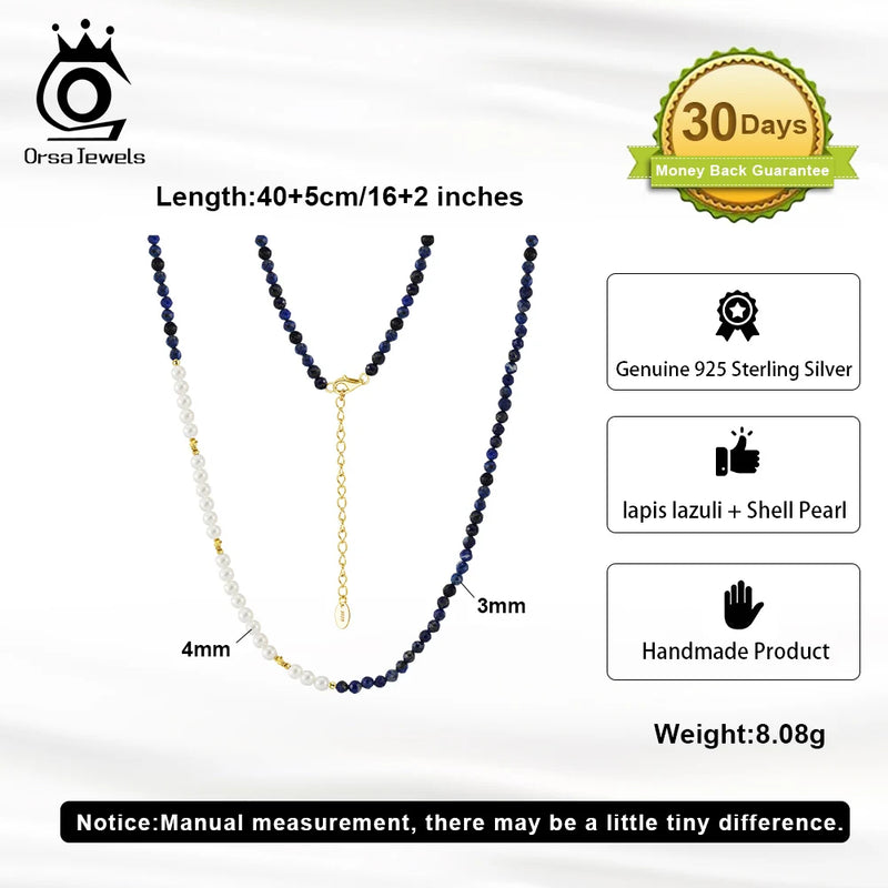 S925 Silver Lapis Lazuli Beads and Shell Pearl Necklace for Women