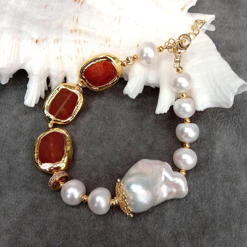 Silver Freshwater Cultured Pearl & Carnelian Charm Bracelet