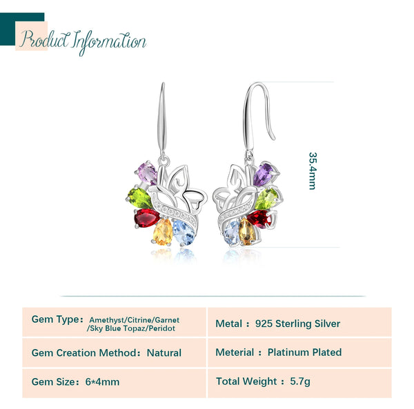 925 Sterling Silver Natural Pear Citrine Peridot Amethyst Garnet Sky Blue Topaz Dangle Earrings for Women