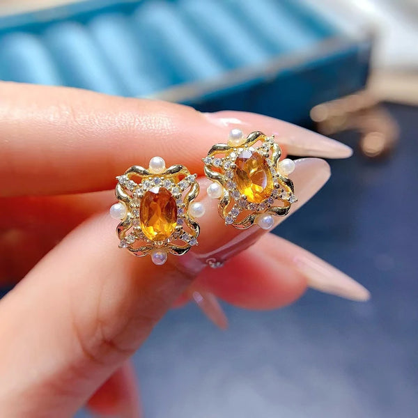 925 Silver Citrine Flower Stud Earrings for Women