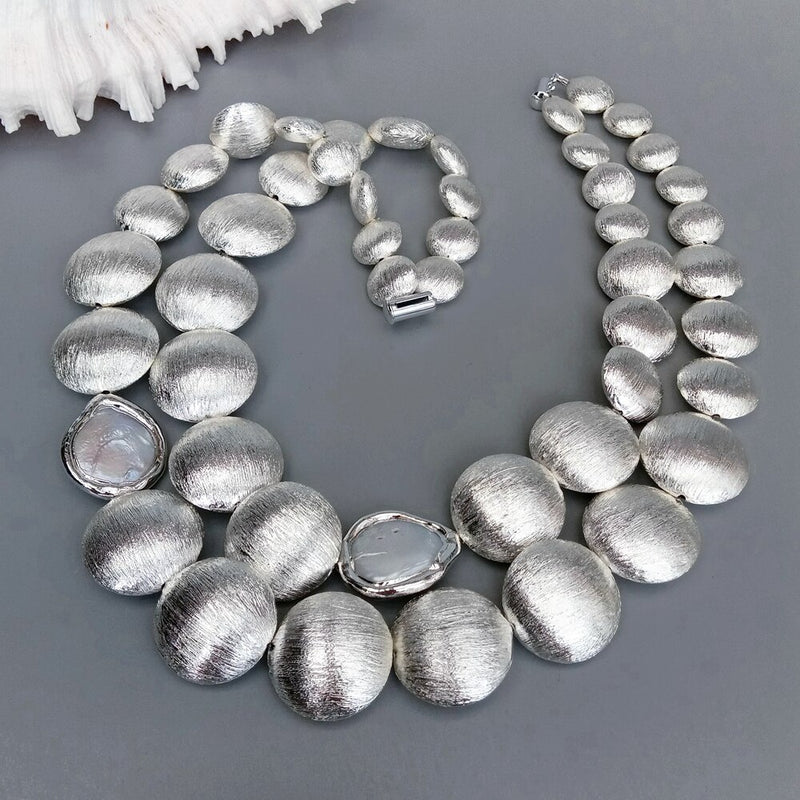 Sterling Silver Plated 2 Rows Cultured White Coin Pearl Necklace with Crystals for Women