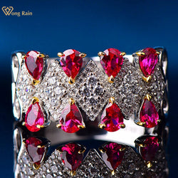 925 Sterling Silver Pear Cut Ruby High Carbon Diamond Gemstone Row Ring for Women