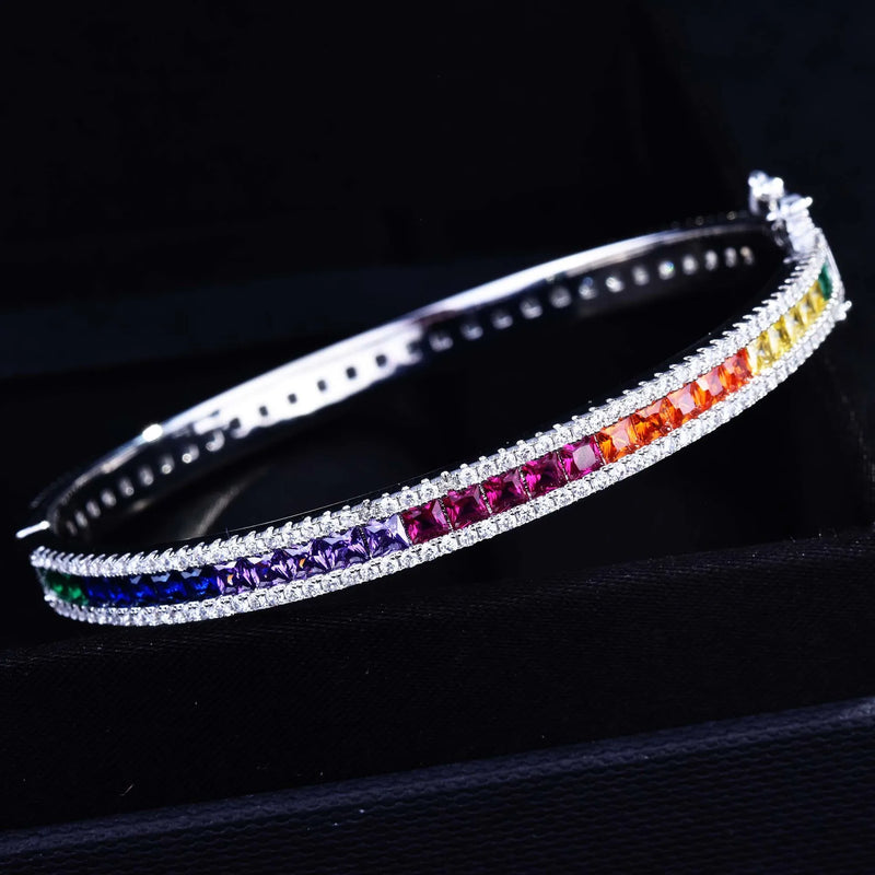 Platinum Plating Rainbow Zircon Square Bangle for Women