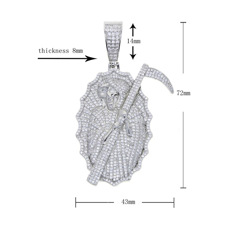 Sterling Silver Iced Out CZ Death Pendant Necklace for Men