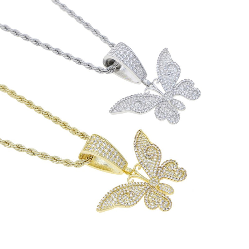 Gold or Silver Butterfly Pendant Necklace with Cubic Zircon, Iced Out, for Men or Women