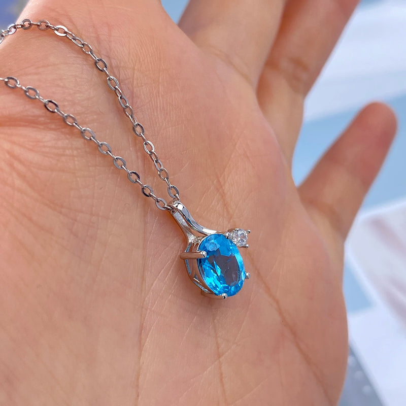 Sterling Silver 925 Natural Oval Blue Topaz Pendant Necklace for Women