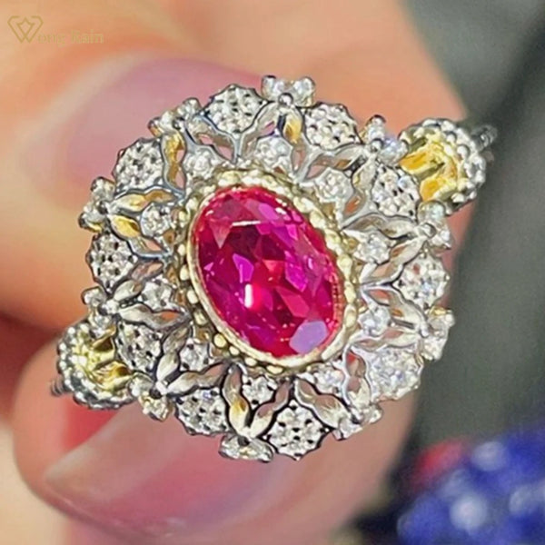 18K Gold Plated Sterling Silver Oval Ruby & Diamond Ring for Women