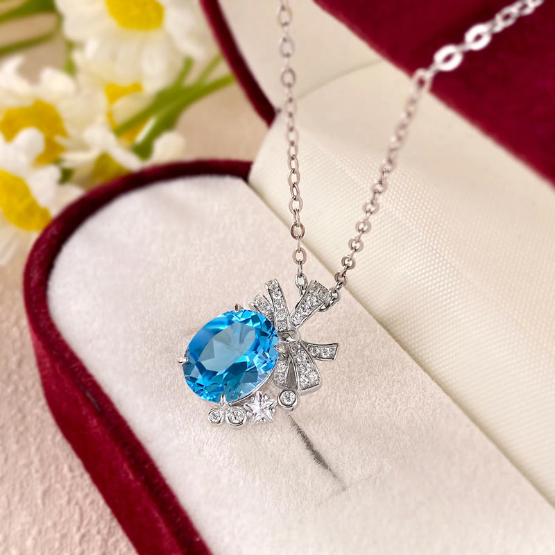 Sterling Silver Swiss Blue Topaz Pendant Necklace for Women