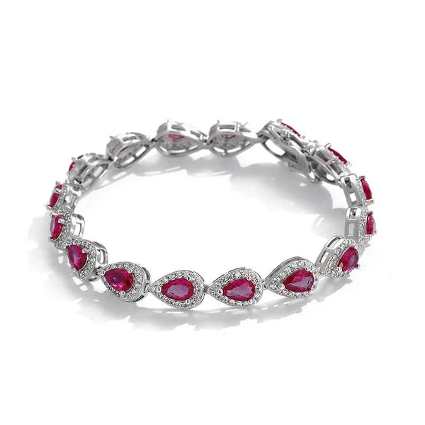 Sterling Silver Pear Cut Ruby Diamond Charm Bracelet for Women