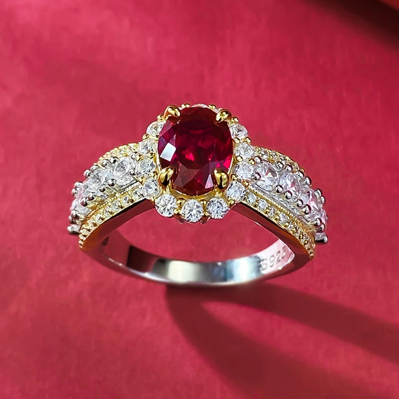 18K Gold Plated Sterling Silver Oval Ruby and Diamond Ring for Women