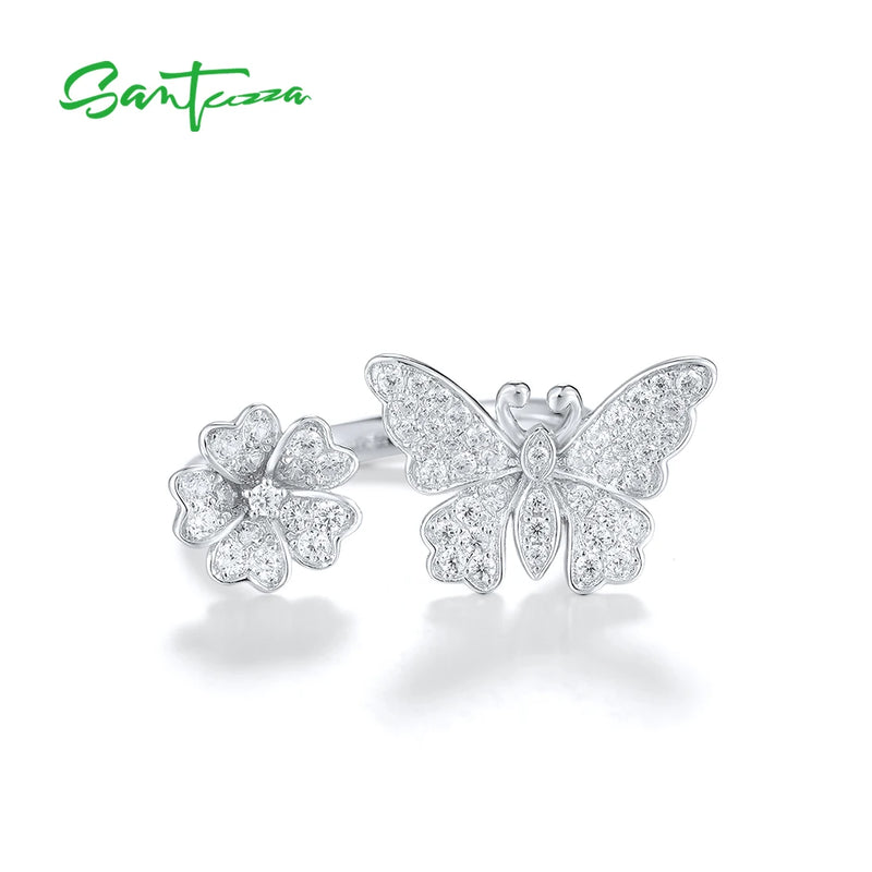 925 Sterling Silver Open Rings with White Cubic Zirconia Butterfly & Flower Design