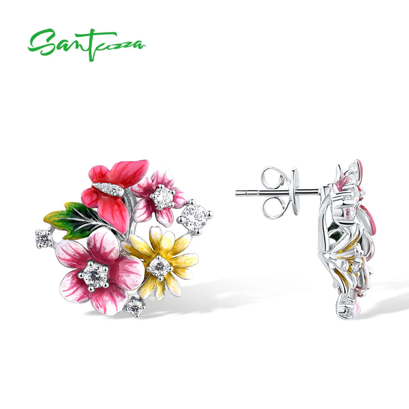 Sterling Silver Pink Yellow Flowers Cubic Zirconia Earrings for Women