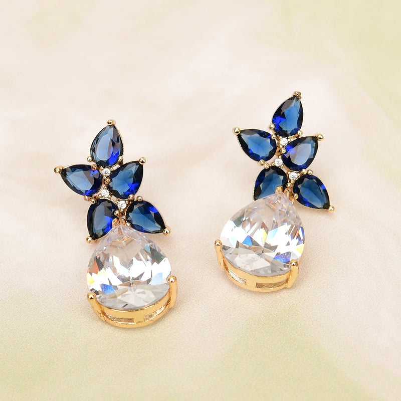 Gold Plated Blue Crystal Water Drop Earrings with Cubic Zirconia for Women