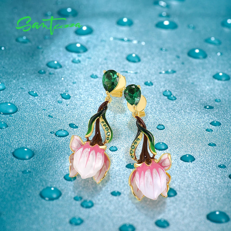 925 Sterling Silver Pink Enamel Flower Stud Earrings with Green Spinel for Women