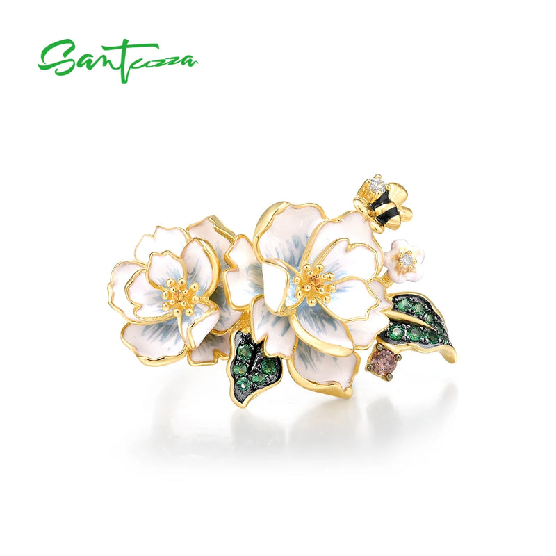 Sterling Silver Green Spinel & CZ Enamel Flower Ring for Women