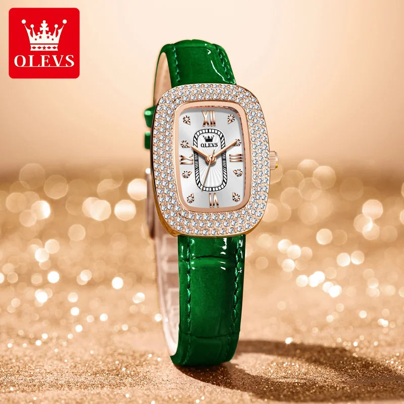 OLEVS 9940 New Quartz Watch for Women Luxury Full Diamond Dial Wristwatch Waterproof Green Leather Strap Fashion Women Watches