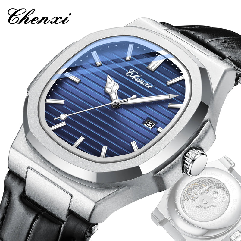 Stainless Steel Leather Luxury Transparent Quartz Watch with Date and Luminous Hands for Men