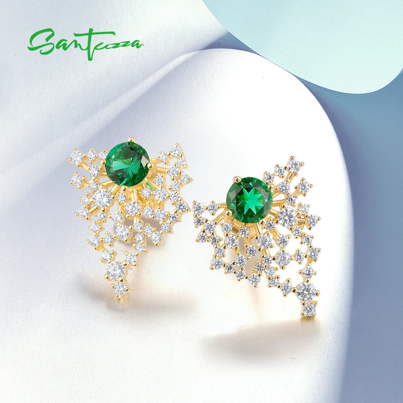 Sterling Silver Stud Earrings with Green Cubic Zirconia