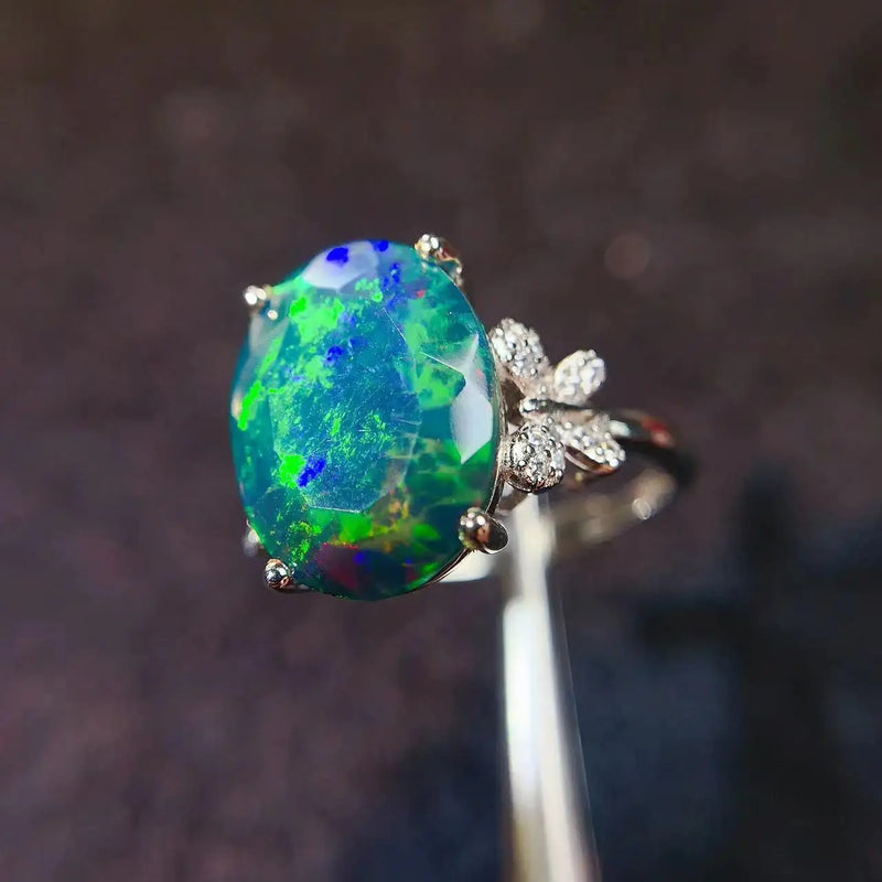 925 Sterling Silver Black Opal Engagement Ring for Women