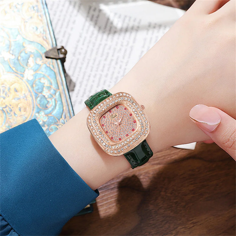 Stainless Steel Full Star Diamonds Square Quartz Watch for Women