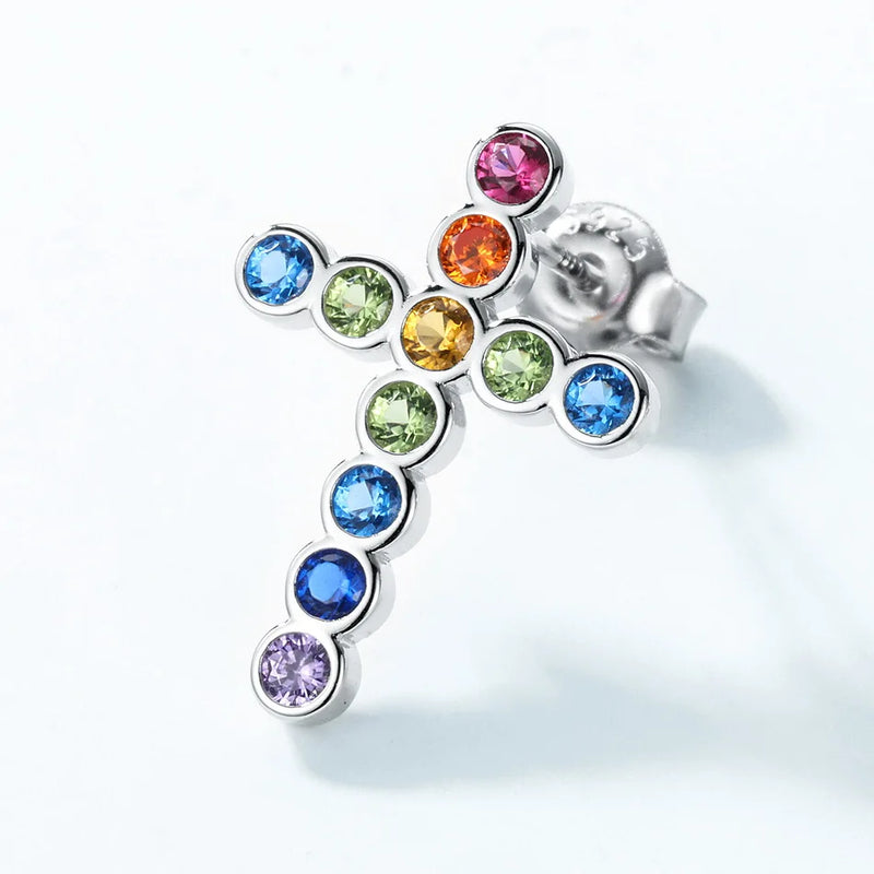 Sterling Silver 2.2mm Zircon Rainbow Cross Stud Earrings for Women