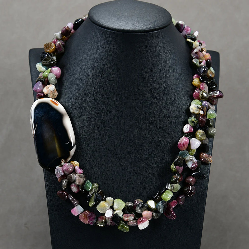 Sterling Silver Natural Tourmaline Agate Multi Strand Necklace for Women