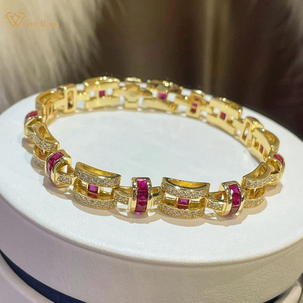 Wong Rain 18K Gold Plated 925 Sterling Silver Lab Sapphire Ruby Gemstone Luxury Bracelets Bangle Fine Jewelry Anniversary Gifts