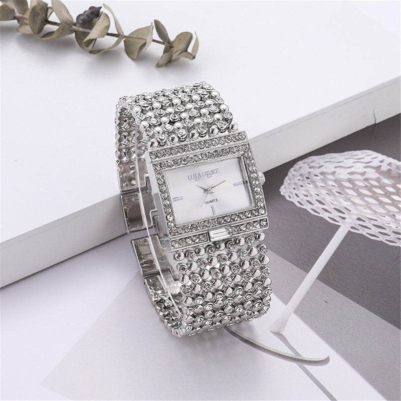 Stainless Steel Diamond Accented Quartz Square Watch for Women