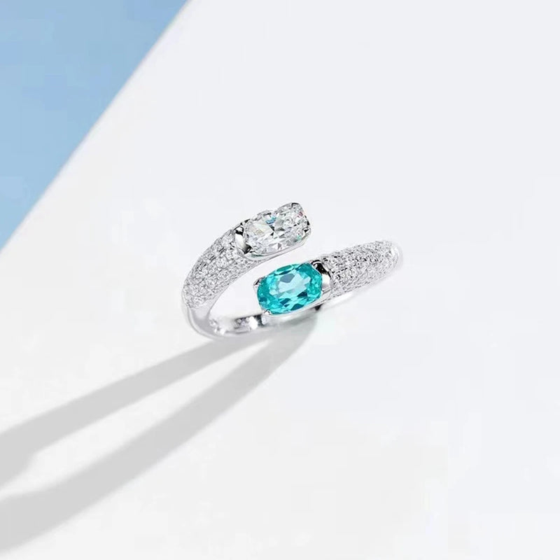 925 Sterling Silver Sparkling Oval Cut Paraiba Tourmaline High Carbon Diamond Gems Open Ring for Women