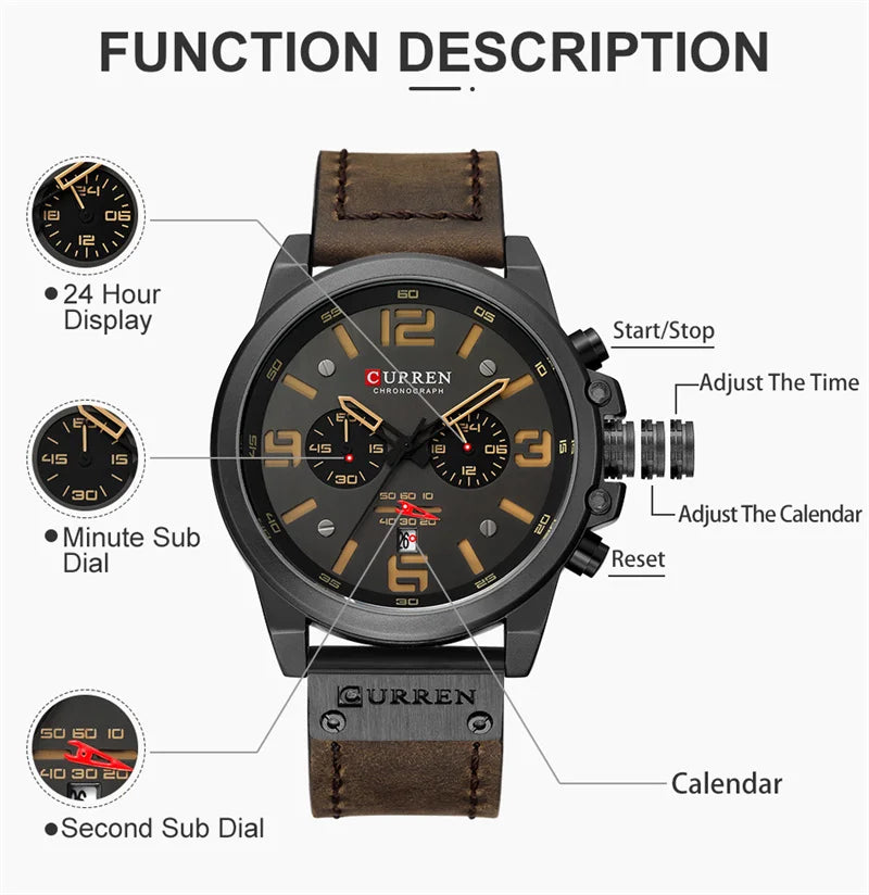 Stainless Steel Leather Chronograph Watch for Men