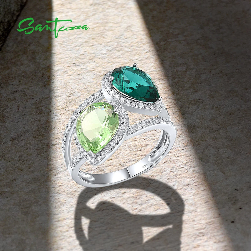 Sterling Silver Green Glass & White CZ Colorful Pear Shape Ring for Women