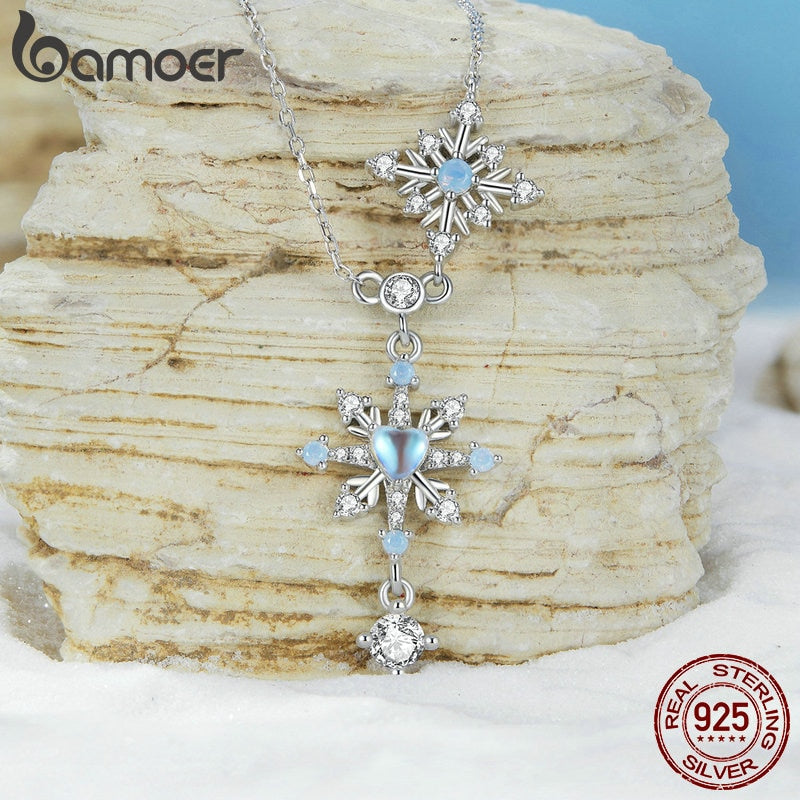 Sterling Silver Snowflake Pendant Necklace with Moonstone Starburst Chain for Women