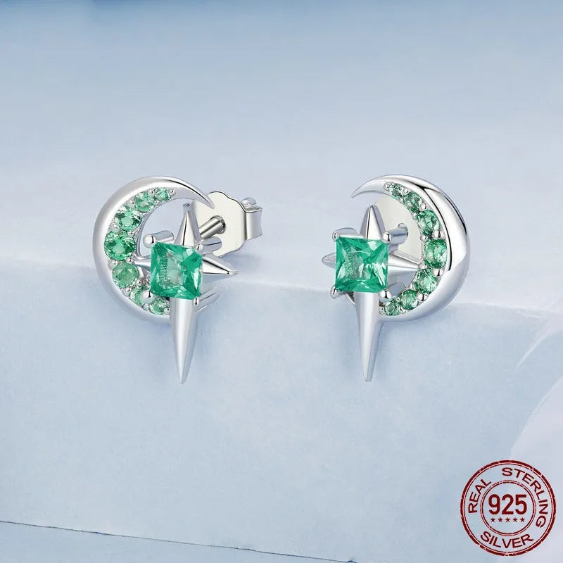 Silver 925 Green Star Moon Stud Earrings for Women