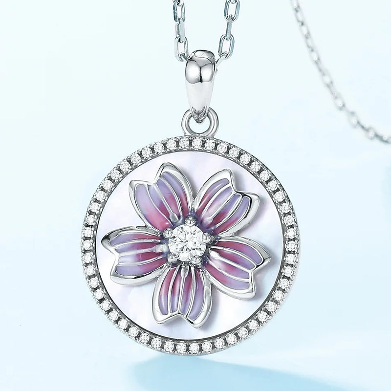 925 Sterling Silver Zircon Enamel Flower Pendant Necklace for Women