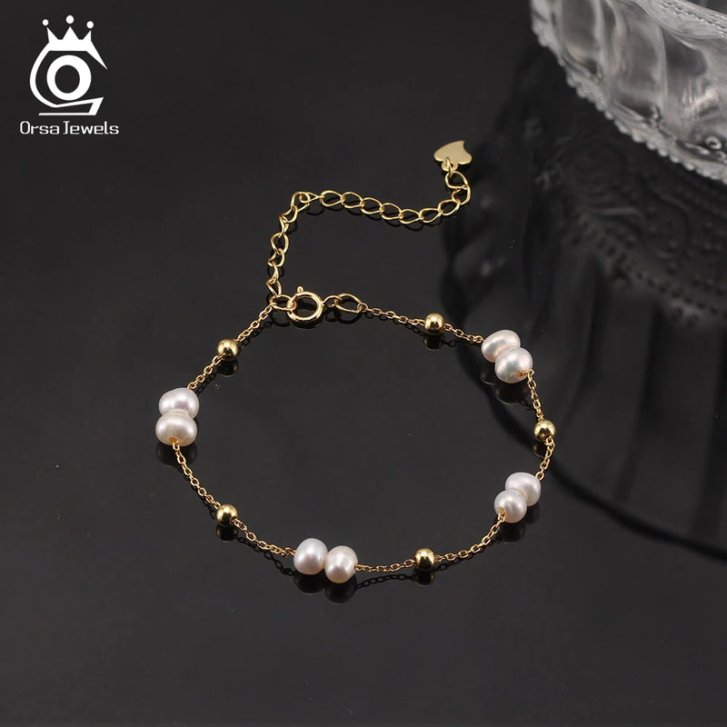 925 Sterling Silver Pearl Chain Bracelet with 14K Gold Pearl Beads for Women