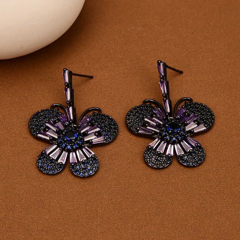 Gunmetal Cz Crystal Pave Butterfly Dangle Earrings for Women