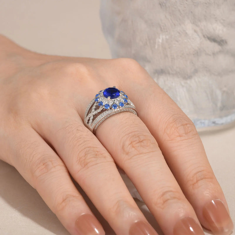 Sterling Silver White Blue Sapphire Flower Engagement Ring for Women